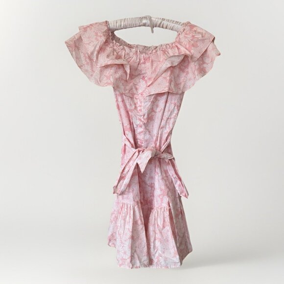 Lisa Marie Fernandez Dress Medium Pink Floral Ruffle Off Shoulder Button - Picture 1 of 10